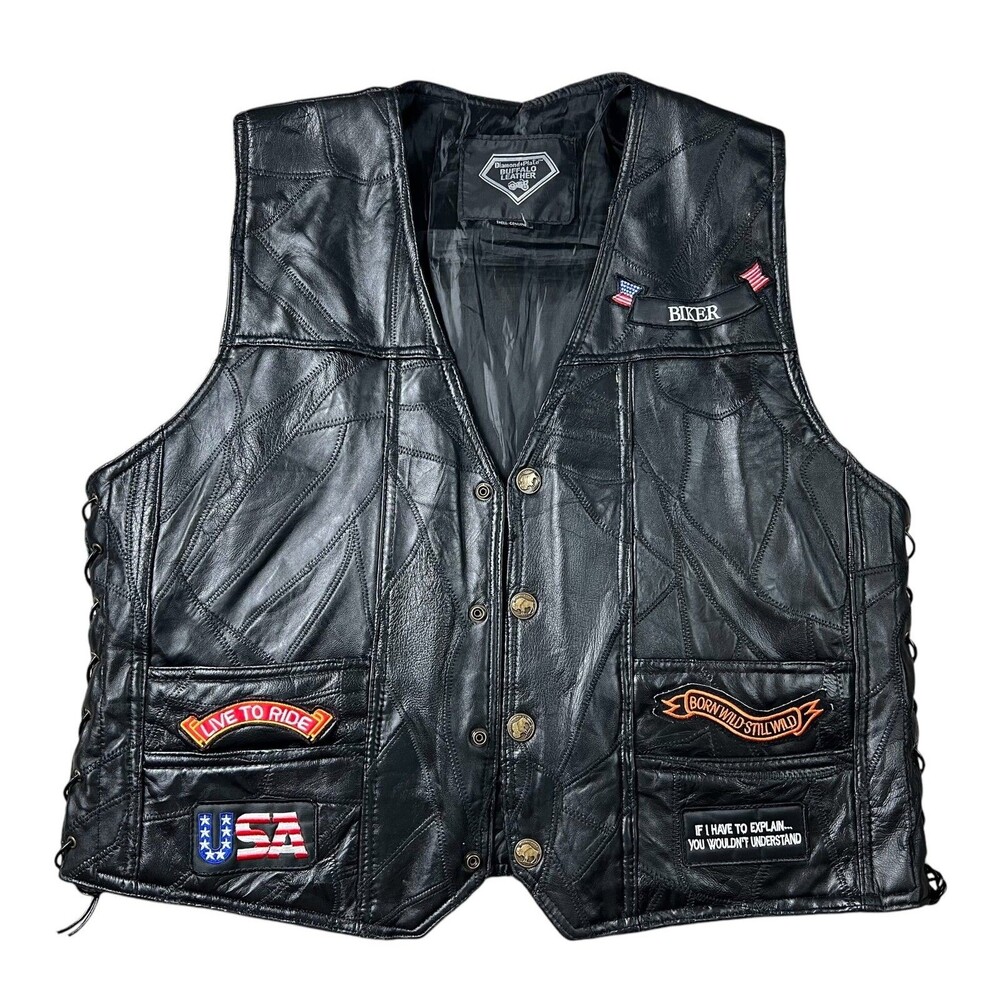 Diamond Plate Rock Design Buffalo Leather Motorcycle Biker Vest w Patches XL
